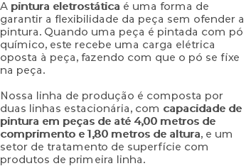 A pintura eletrostática é uma forma de garantir a flexibilidade da peça sem ofender a pintura. Quando uma peça é pintada com pó químico, este recebe uma carga elétrica oposta à peça, fazendo com que o pó se fixe na peça. Nossa linha de produção é composta por duas linhas estacionária, com capacidade de pintura em peças de até 4,00 metros de comprimento e 1,80 metros de altura, e um setor de tratamento de superfície com produtos de primeira linha.